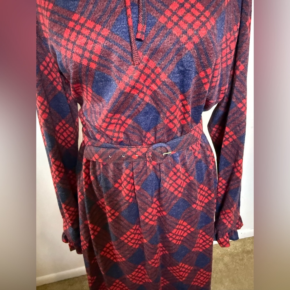Vintage 70’s Red & Blue tartan plaid long sleeve midi dress belt, pockets 14 - Picture 2 of 9